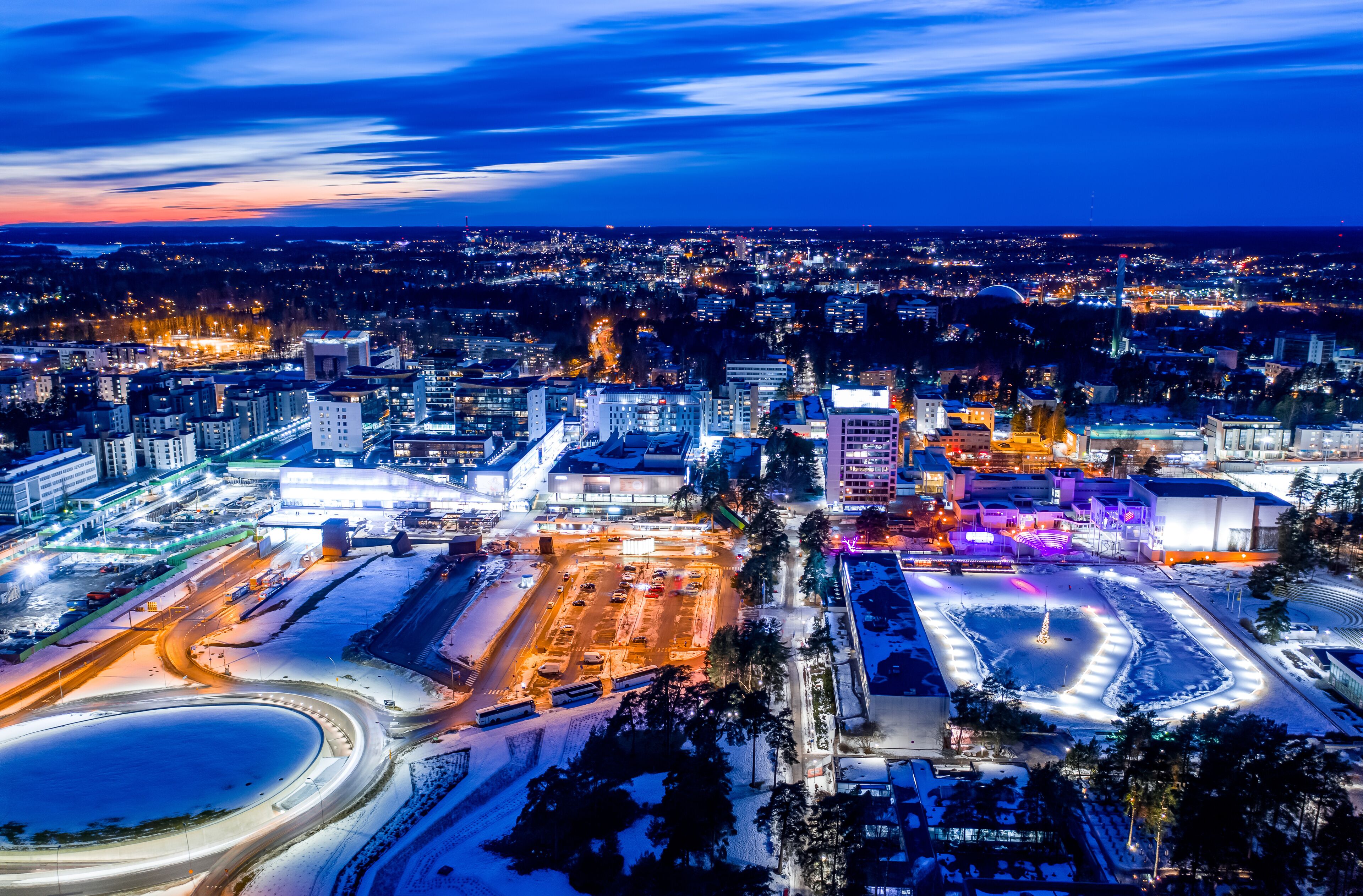 Aerial view of Tapiola neighborhood of Espoo, Finland. Modern nordic architecture. Winter cityscape.