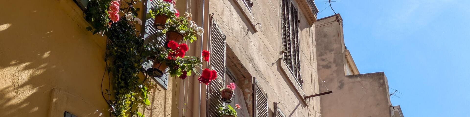 Sunlit building facade with vintage shutters and vibrant flower pots, southern French charm under a clear blue sky. Le Panier, Panier district, Marseille, France.