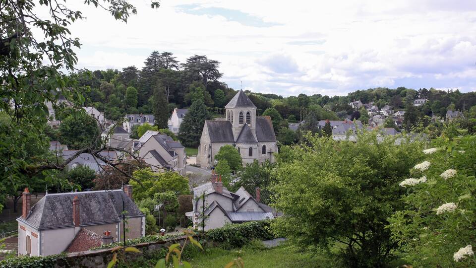 A village with a prominent church, surrounded by lush greenery and residential houses.
