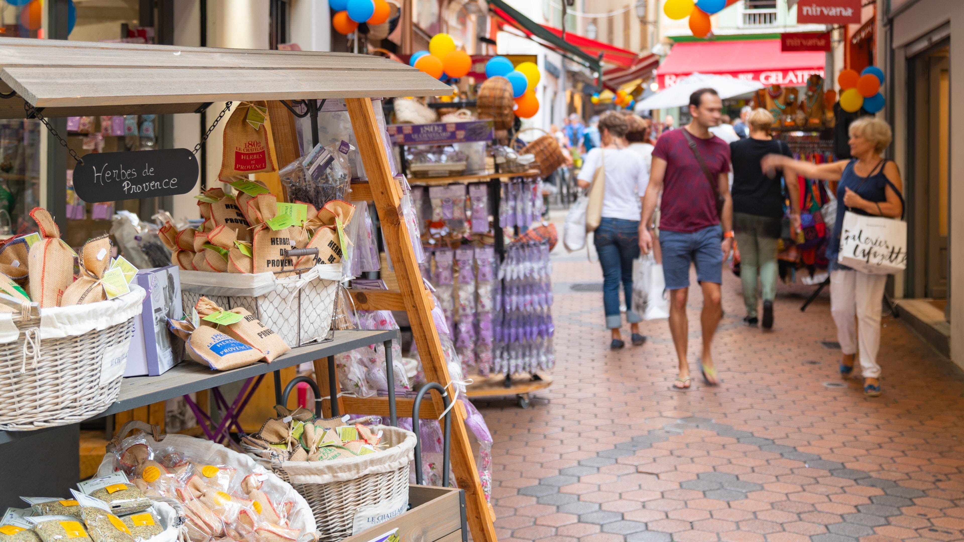 A market stall with baskets of herbs and flowers, a sign reading "Herbes de Provence," and a crowd of people walking on a tiled street.