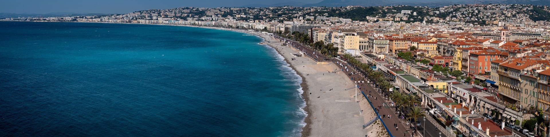 Panoramic view of Nice coastline and beach. France