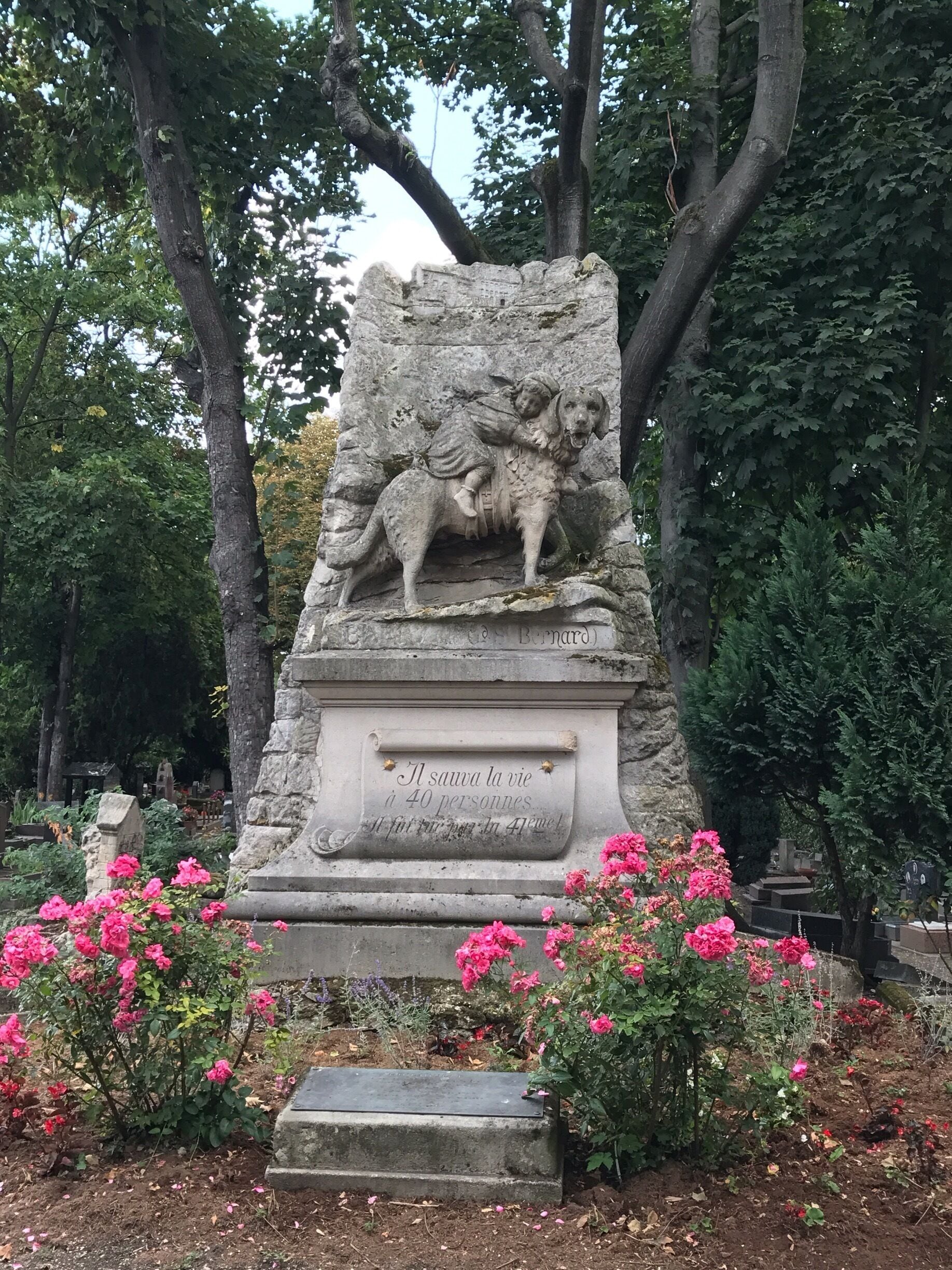 Le Cimetiere des Chiens is an animal cemetery that opened in 1899. This is the grave for Barry the Saint Bernard, a WWI trench dog. Here is the translated inscription "He saved the lives of 40 people. He was killed by the 41st."  Barry dragged 40 wounded people away from a battlefield and as soon as he got the kid on his back (the 41st) to safety he died of exhaustion. 