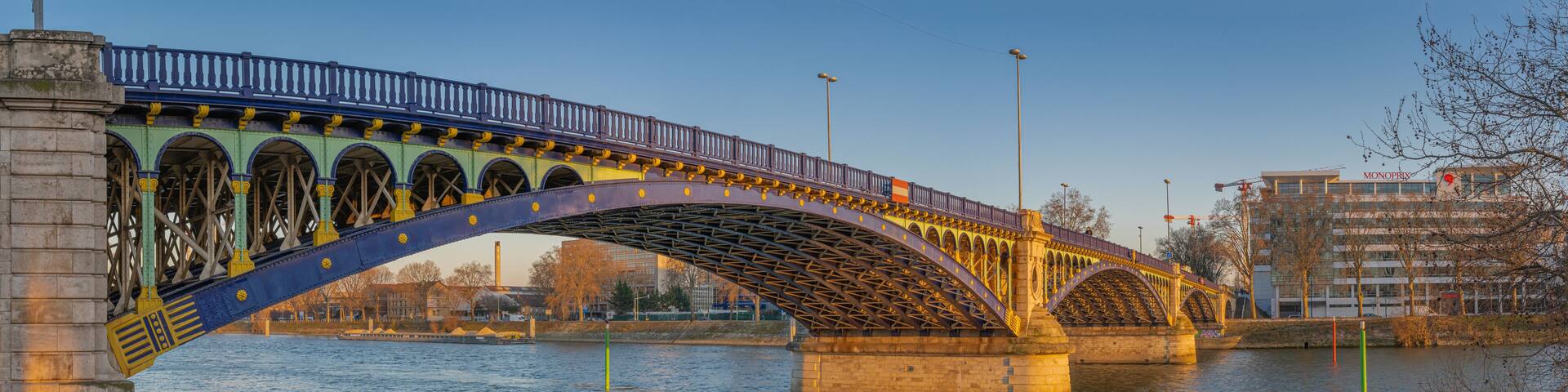 Clichy, France - 02 28 2021: Detail of the Gennevilliers Bridge at sunset