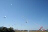 A clear blue sky with numerous kites flying at a beach.