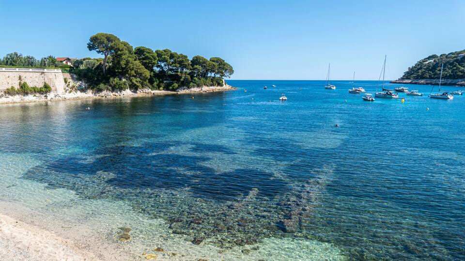 A coastal scene with clear blue water, boats, and a tree-lined beach.