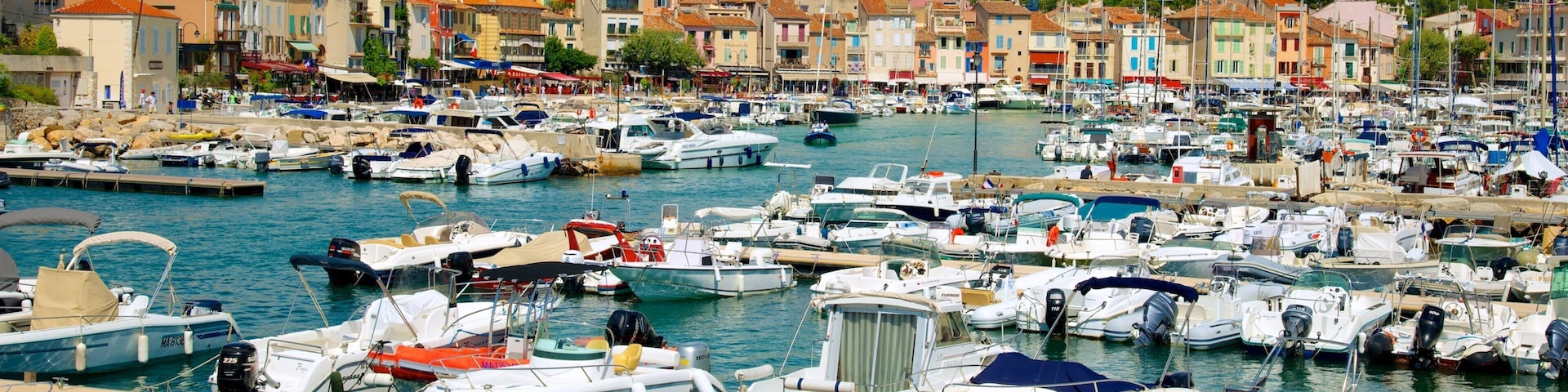 A marina filled with various boats docked in calm waters, surrounded by colorful buildings and a hillside in the background.