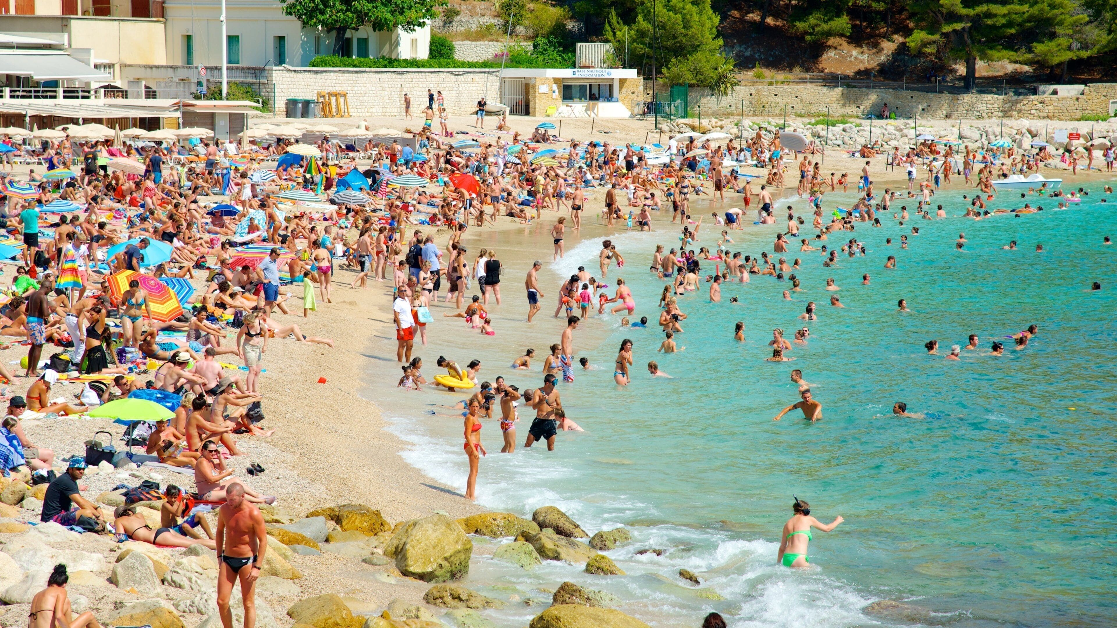 Cassis som omfatter svømning og en strand såvel som en stor gruppe mennesker