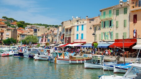 Un port animé, où de nombreux bateaux sont amarrés le long de la rive, entouré de bâtiments aux couleurs vives et de terrasses.