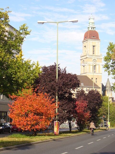 A street with autumn-colored trees, a street lamp, and a tower in the background.