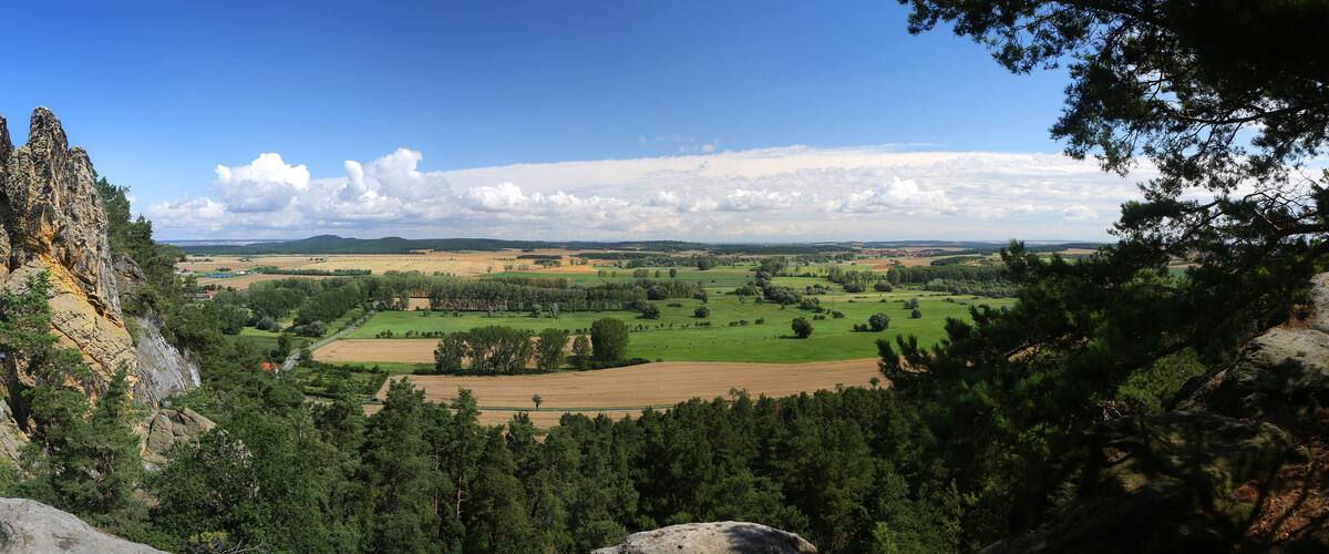 A mountainous landscape with a rocky outcrop, dense forest, and a distant view of fields and small buildings.