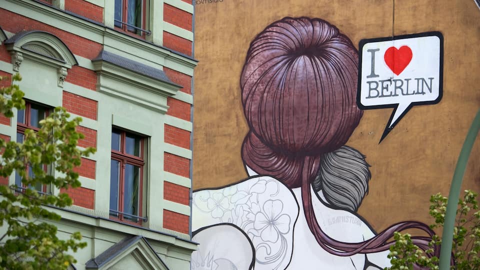 Friedrichshain which includes signage