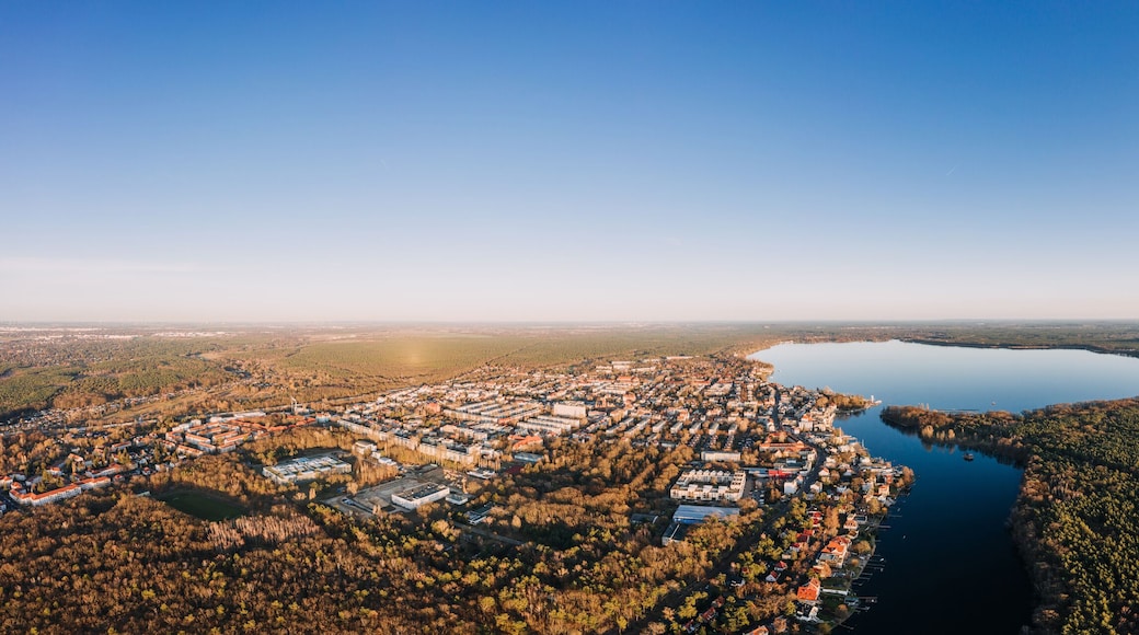 panorama drone photo of the Muggelsee Berlin Friedrichshagen at sunrise