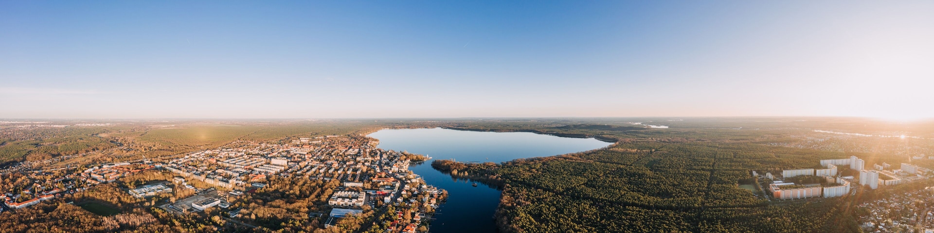 panorama drone photo of the Muggelsee Berlin Friedrichshagen at sunrise