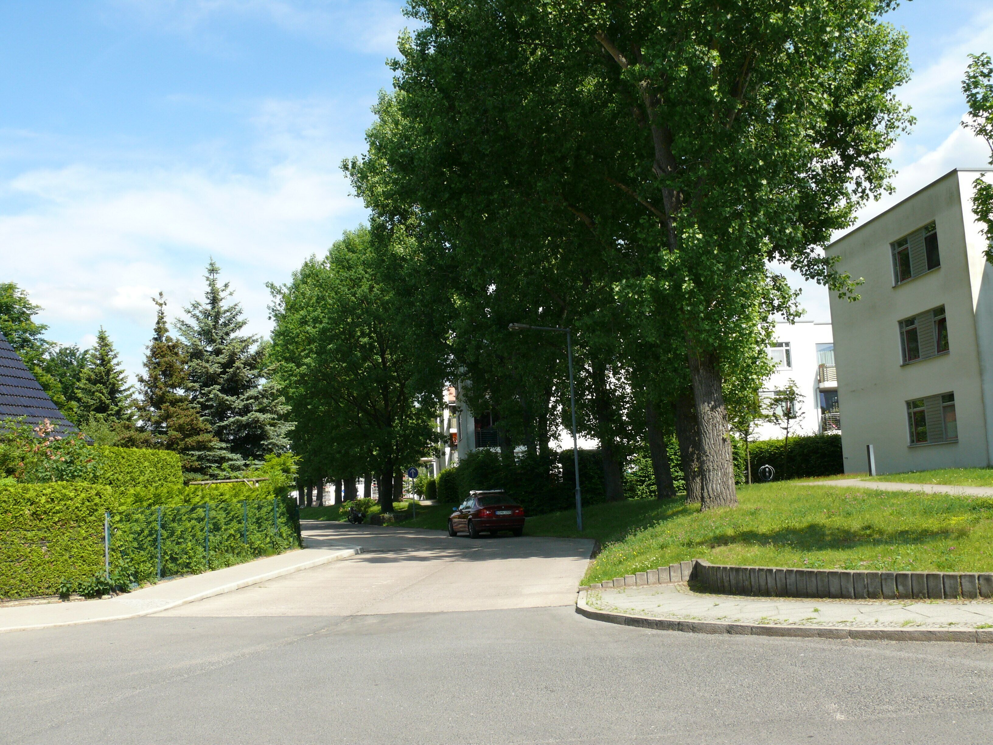 A residential street lined with trees and a red car parked on the side.