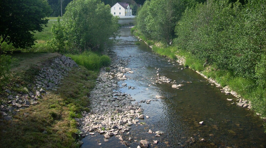 Striegis river at Grunau (Niederstriegis, Mittelsachsen district, Saxony) from the bridge downstream
