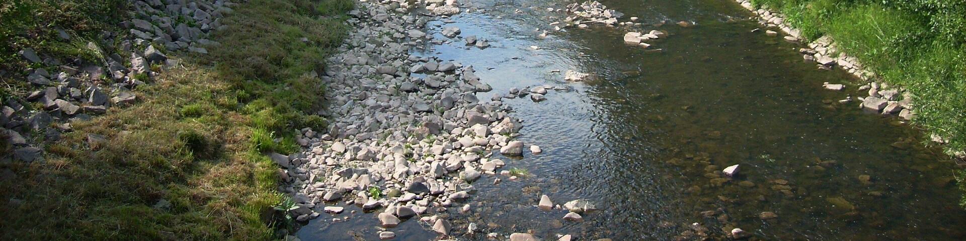 Striegis river at Grunau (Niederstriegis, Mittelsachsen district, Saxony) from the bridge downstream
