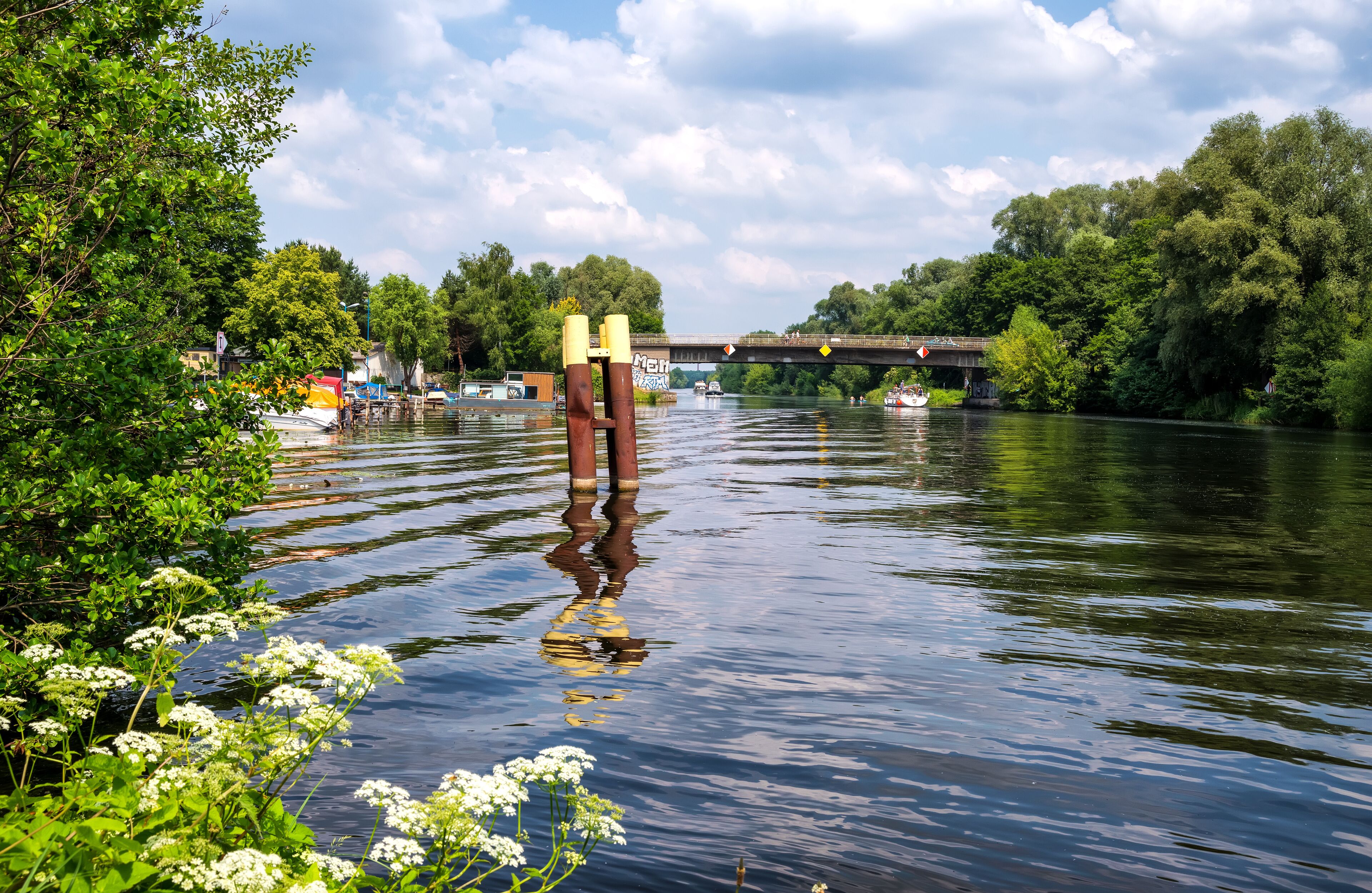 View of the Havel with boats and beautiful nature in Hennigsdorf near Berlin