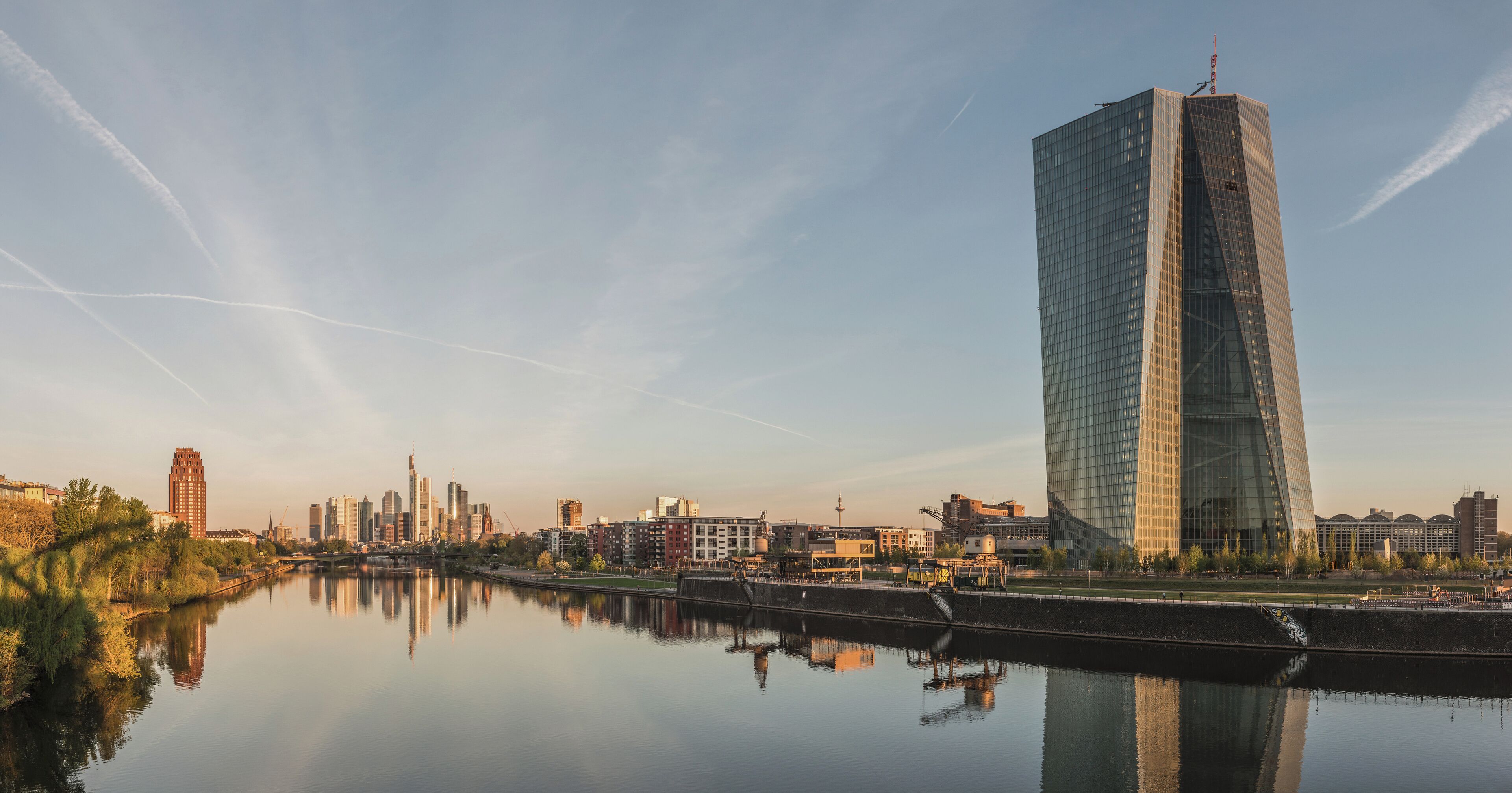 The Seat of the European Central Bank and Frankfurt Skyline at dawn, as seen from west
