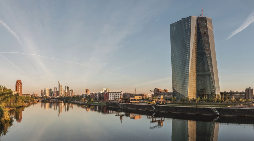 The Seat of the European Central Bank and Frankfurt Skyline at dawn, as seen from west