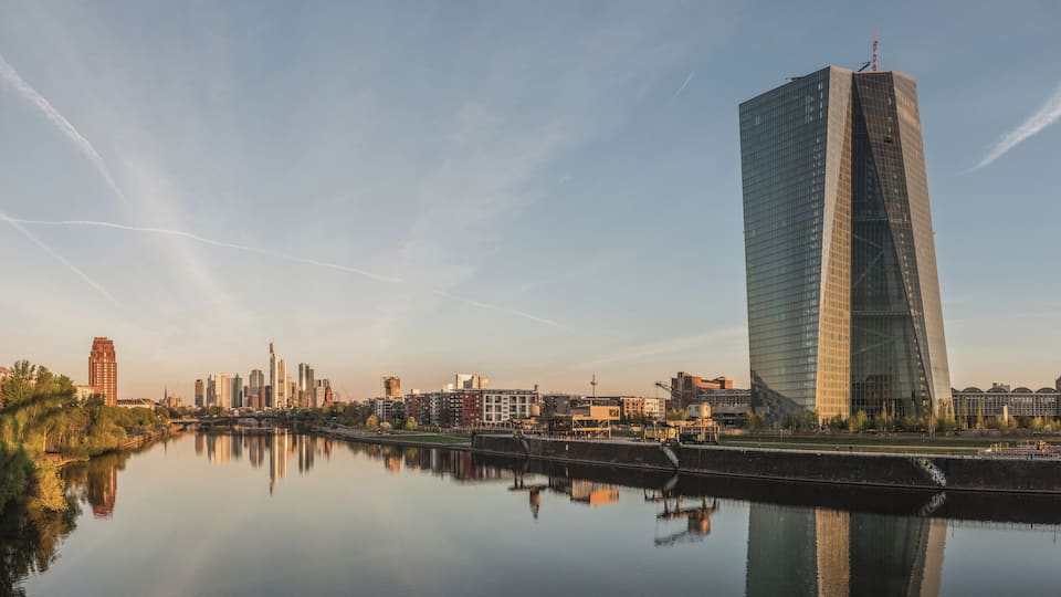 The Seat of the European Central Bank and Frankfurt Skyline at dawn, as seen from west