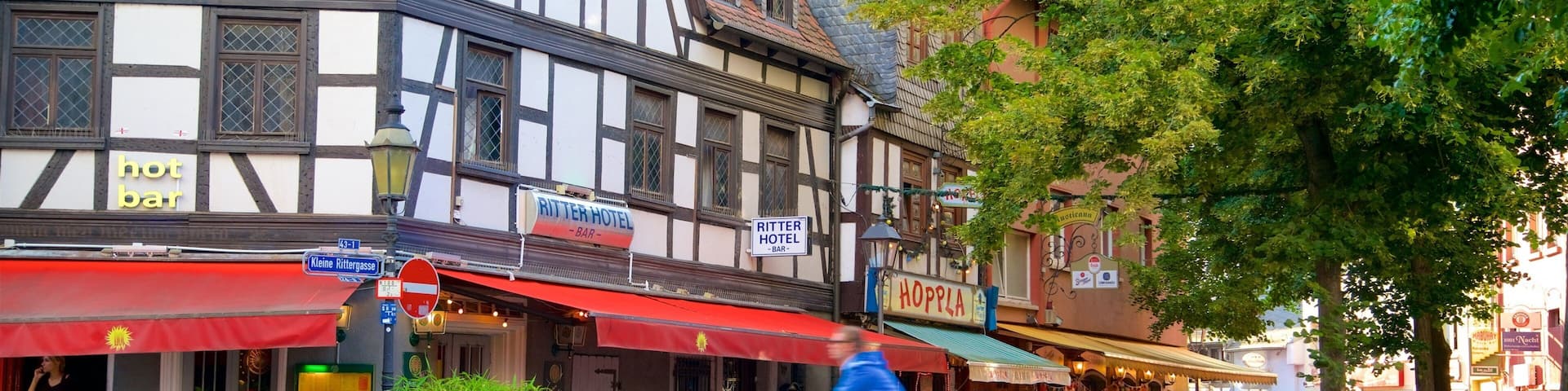 A cobblestone street with traditional half-timbered buildings, a cyclist, and outdoor seating areas.