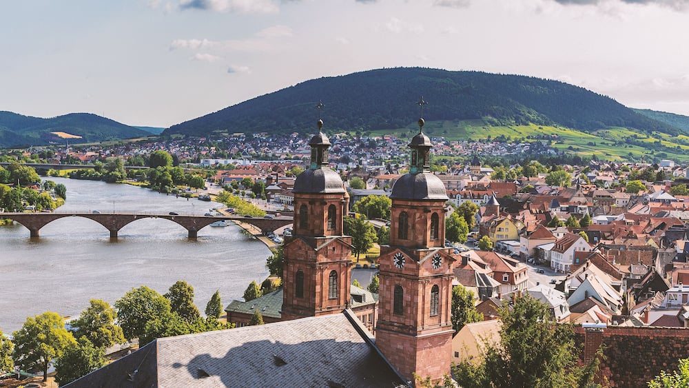 A river with a bridge, a town with historic buildings, and a hill in the background.