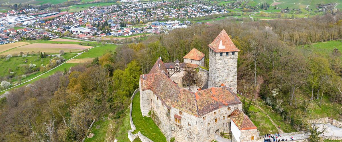 An aerial view of a historic castle surrounded by lush greenery and a small village in the background.