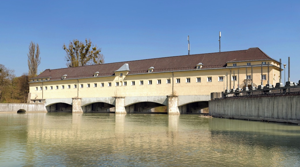 Upstream of Oberföhring weir in the Isar river, Oberföhring, Munich, Germany. The new powerplant is downstream, behind the weir.
