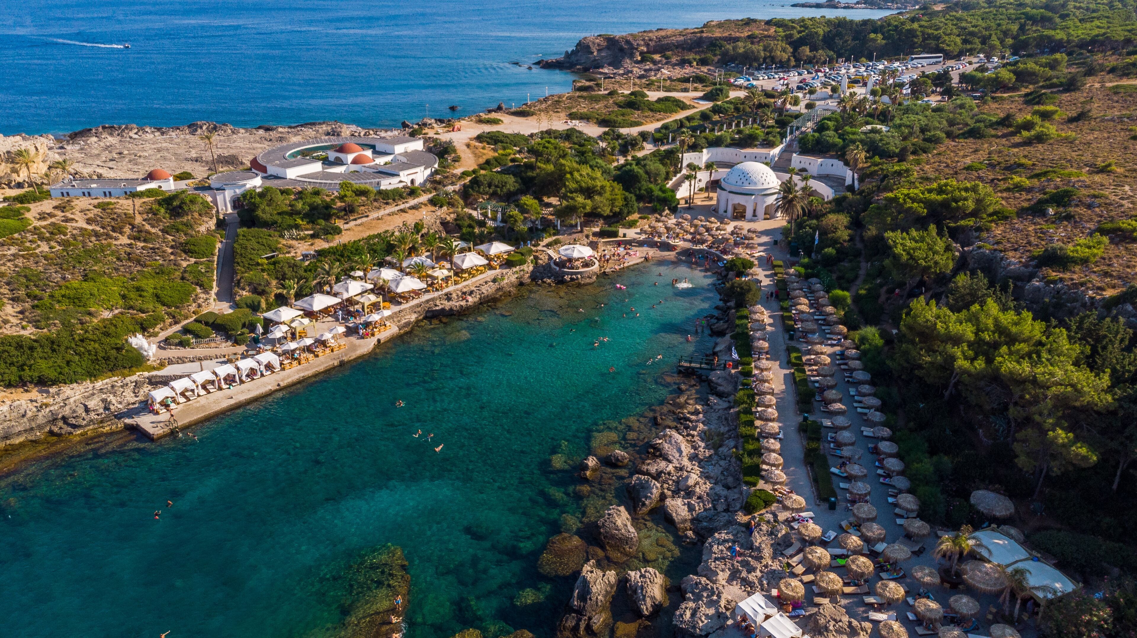 Kalithea Springs Therme and Beach, Aerial Drone View, Rhodes,Greece