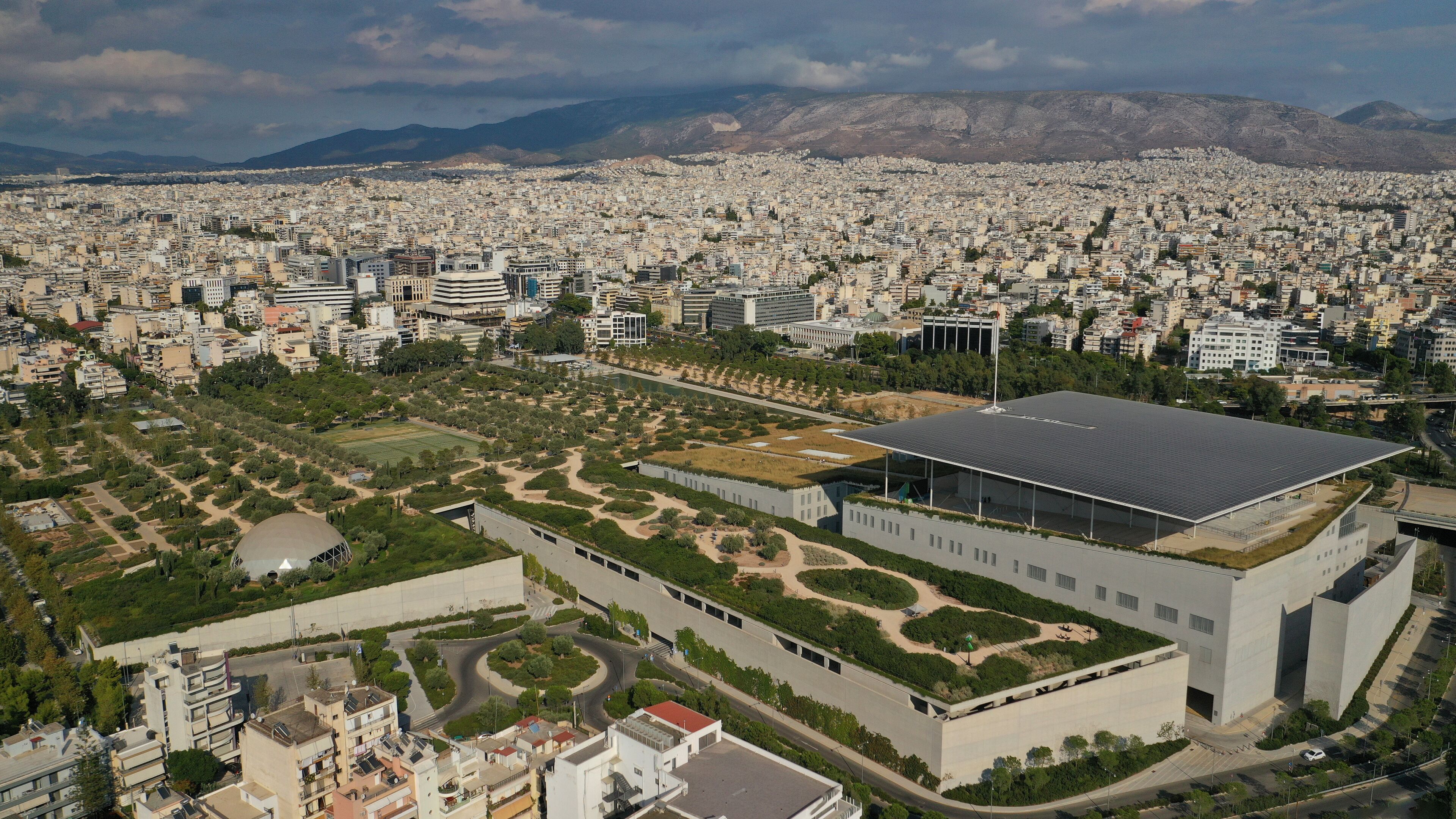 Aerial photo of famous Cultural Centre and Foundation of Stavros Niarhos in Faliro or Phaliro area, Athens riviera, Attica, Greece