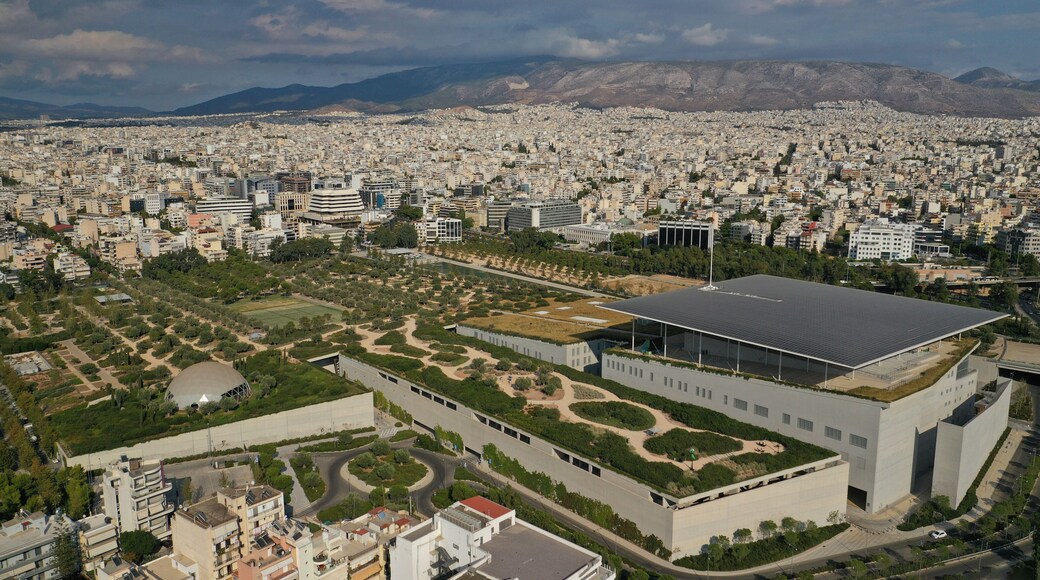 Aerial photo of famous Cultural Centre and Foundation of Stavros Niarhos in Faliro or Phaliro area, Athens riviera, Attica, Greece