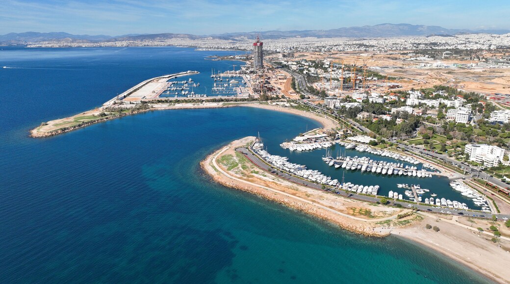 Aerial drone photo of famous luxury South area of Glyfada capital's best-known nightclubs, upscale restaurants and shops, Athens Riviera, Attica, Greece