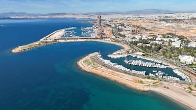 Vista aérea de uma marina costeira com barcos, um edifício grande em construção e um horizonte urbano ao fundo.