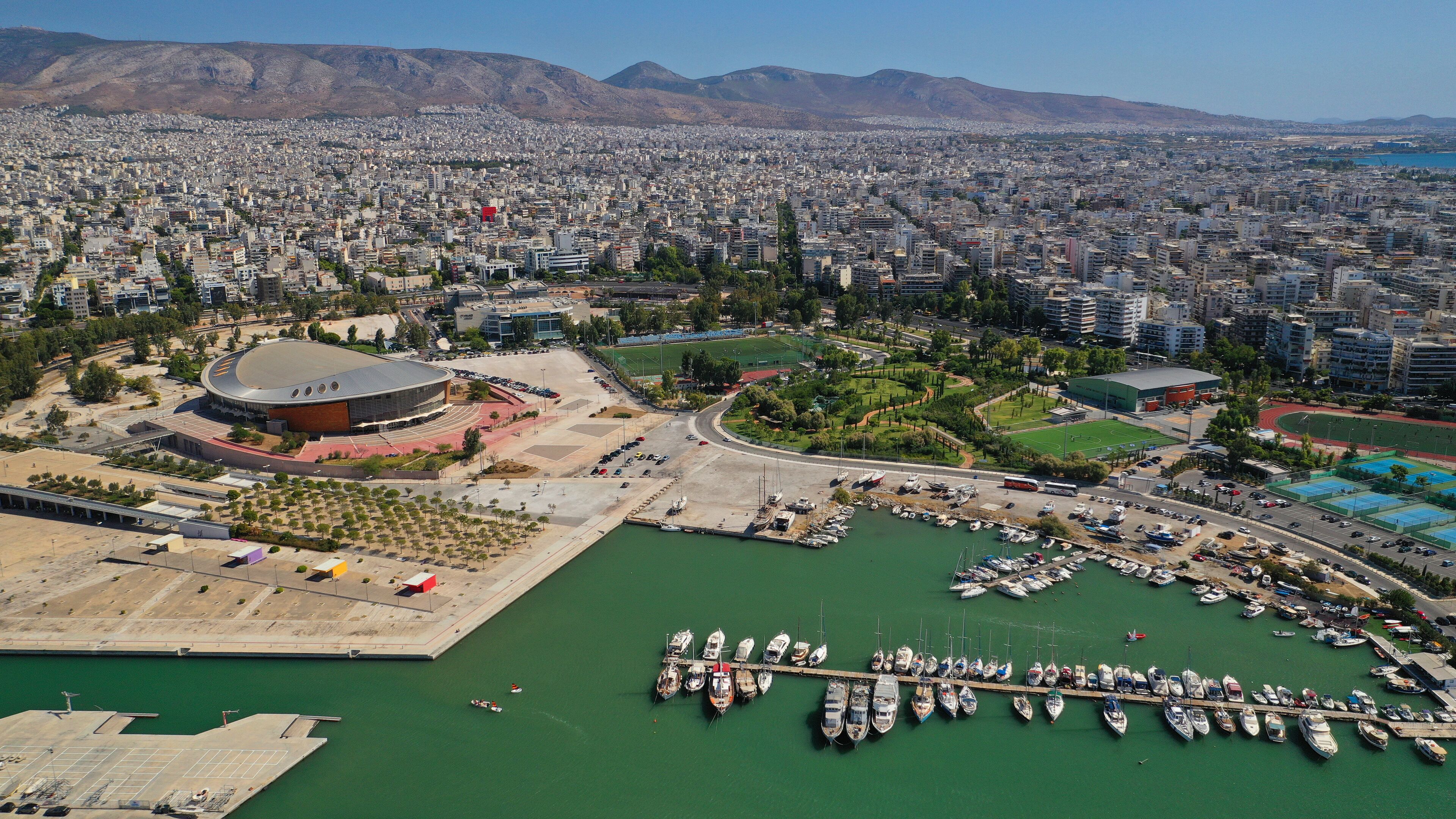 Aerial drone photo of iconic marina and bay of Faliron or Phaliro in Athens seaside riviera, Attica, Greece