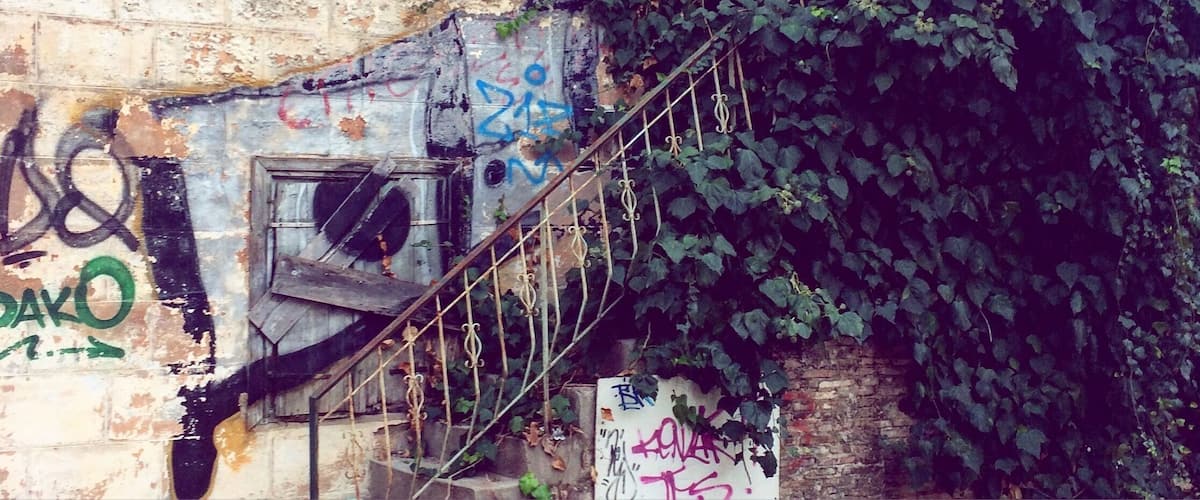 A dilapidated building with graffiti, a broken window, and overgrown vegetation.