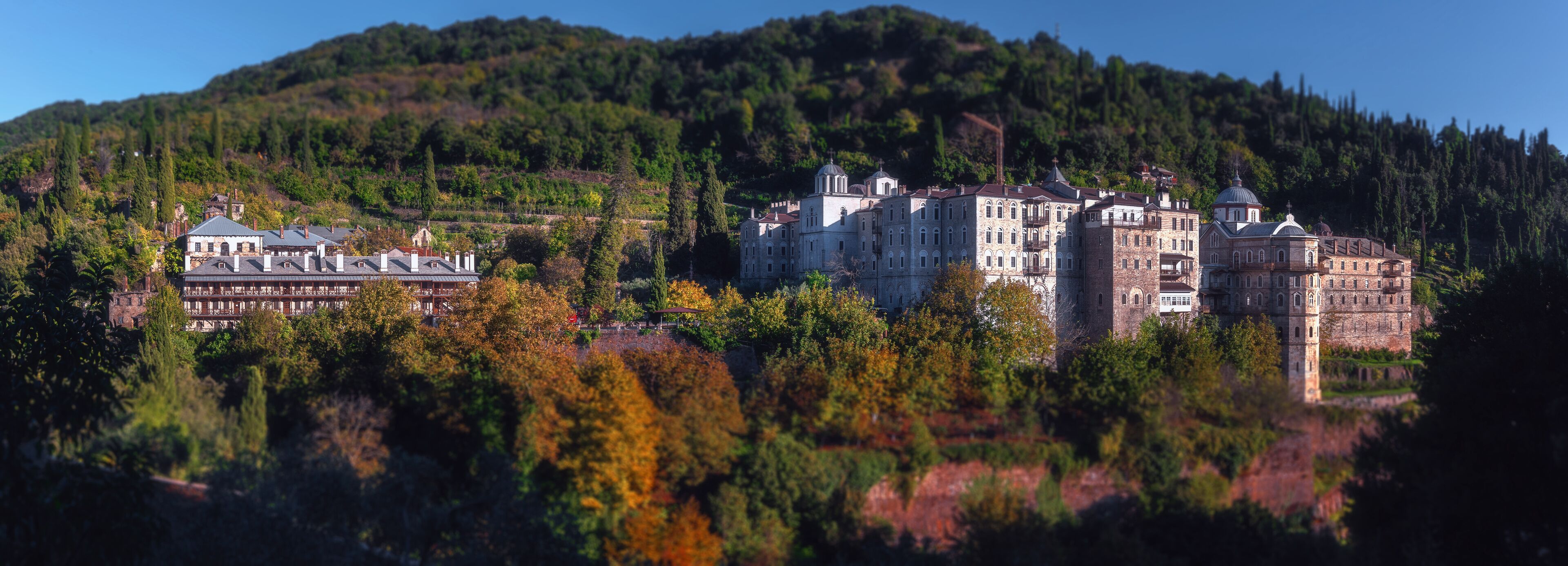 A historic castle complex with multiple buildings, surrounded by dense forest and hills.