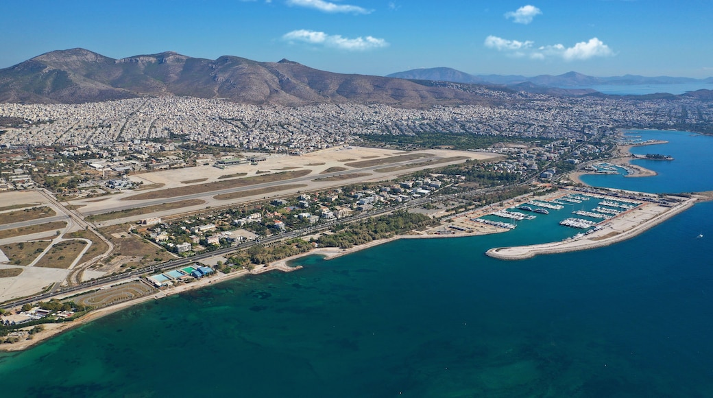 Aerial drone photo of Marina of Agios Kosmas and abandoned former international airport of Athens in Elliniko area, South Athens riviera, Attica, Greece