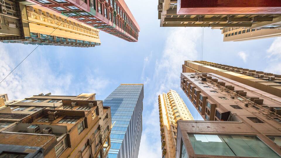 Panoramic wide angle view and perspective to high rise buildings in the popular and historic district of Soho in Hong Kong island. Sunny day.; Shutterstock ID 544126717; purchase_order: SF 06557000; j