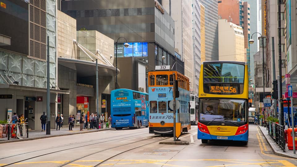 Sheung Wan showing street scenes, a city and railway items