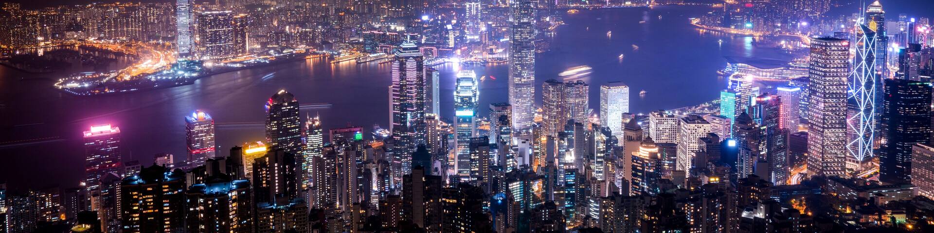 Hong Kong night panoramic view from The Peak view point.