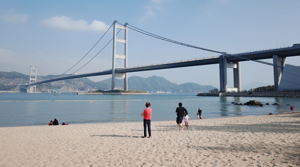 Tsing Ma Bridge in Hong Kong's Ma Wan Island, captured on a sunny day
