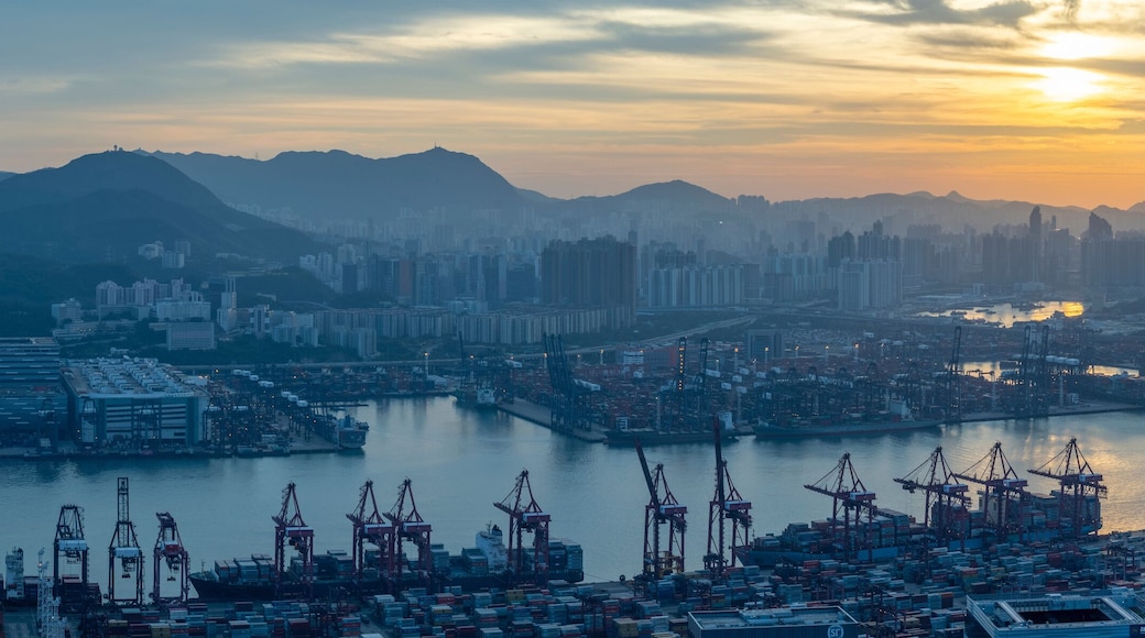 Stonecutters Bridge & Container port from Tsing Yi at Sunrise, Hong Kong