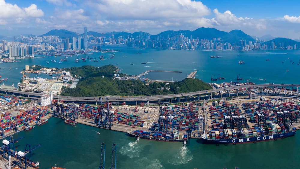 Drone fly over Kwai Chung Cargo Terminal in Hong Kong