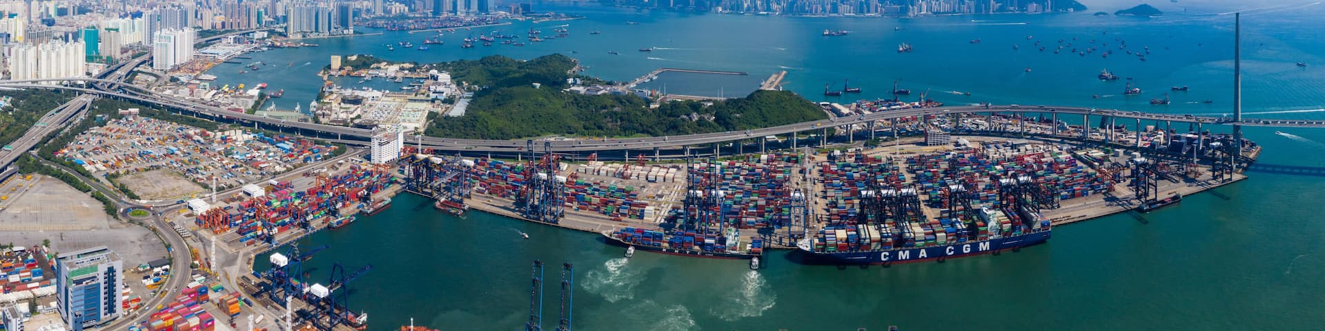 Drone fly over Kwai Chung Cargo Terminal in Hong Kong