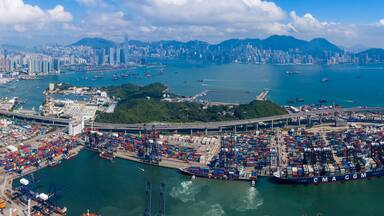 Drone fly over Kwai Chung Cargo Terminal in Hong Kong