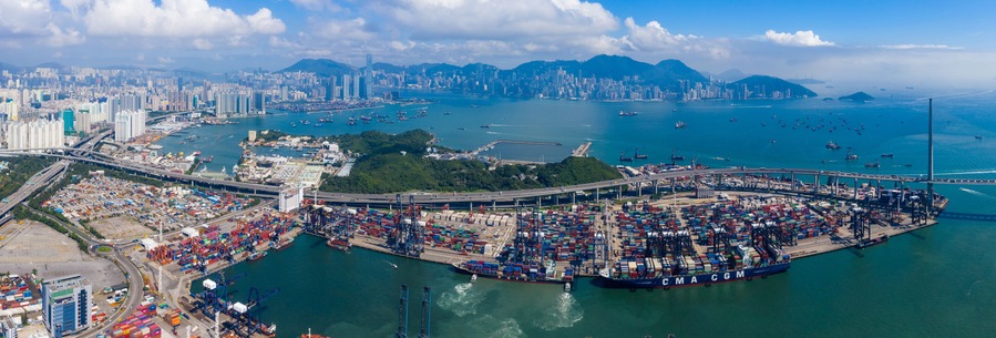 Drone fly over Kwai Chung Cargo Terminal in Hong Kong