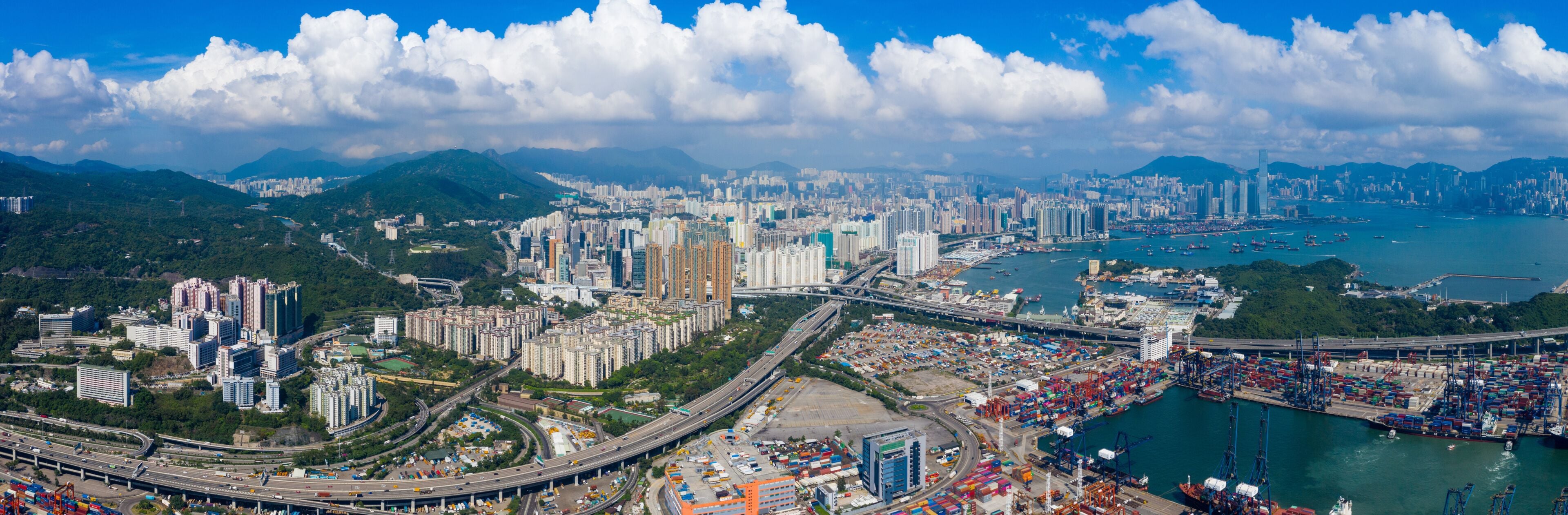 Drone fly over Kwai Chung Cargo Terminal in Hong Kong