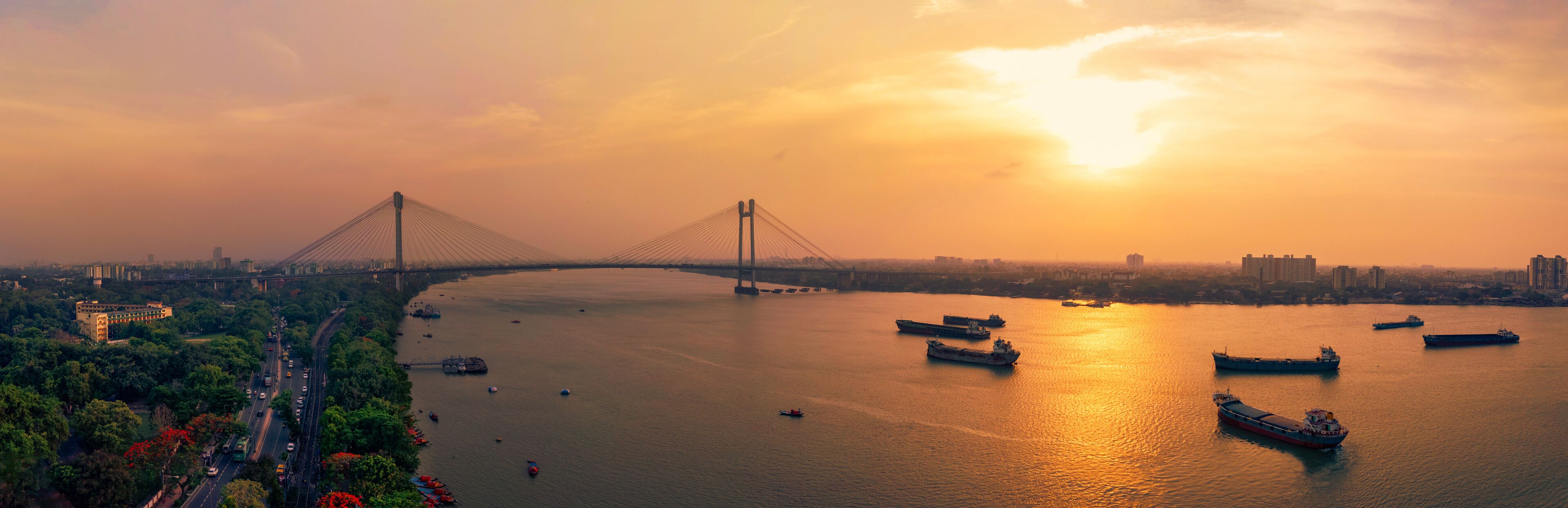 Vidyasagar Setu bridge over Hooghly River in Kolkata, West Bengal, India, Beautiful Aerial panoramic view