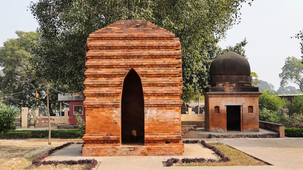 Front façade view of the terracotta Palpara Temple, an exquisite 17th-century structure in Chakdaha, Nadia, West Bengal, India.