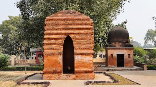 Front façade view of the terracotta Palpara Temple, an exquisite 17th-century structure in Chakdaha, Nadia, West Bengal, India.